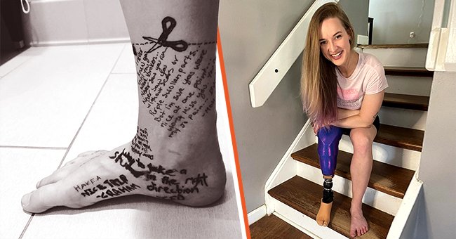 Jo Beckwith photographiée avec sa prothèse de jambe, à côté d'une photo de son pied portant des mots d'adieu. | Photo : instagram.com/footlessjo