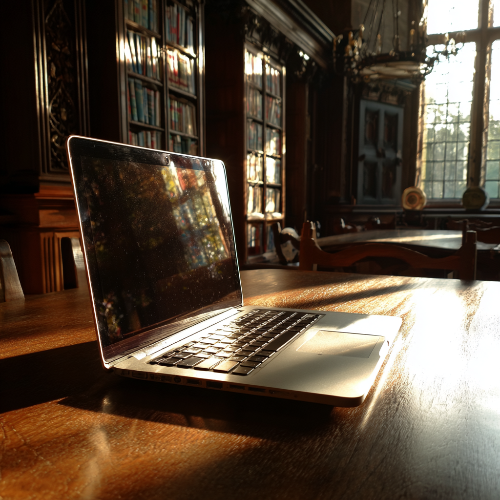 Un ordinateur portable sur une table dans une bibliothèque | Source : Midjourney