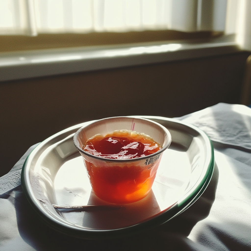 Une tasse de gelée sur un lit d'hôpital | Source : Midjourney