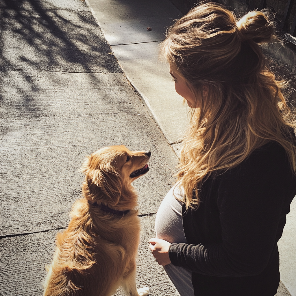 A pregnant woman and a dog on a sidewalk | Source: Midjourney