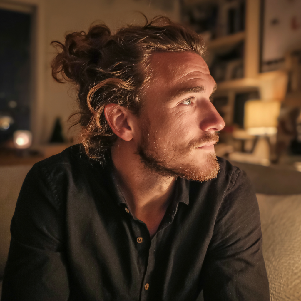 Vue latérale d'un homme assis dans un salon | Source : Midjourney