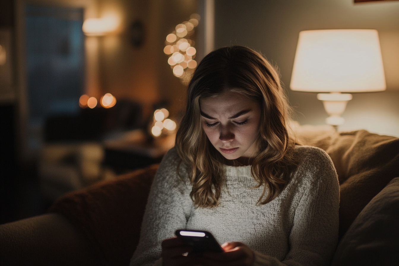 Une femme lisant des messages sur son téléphone | Source : Midjourney