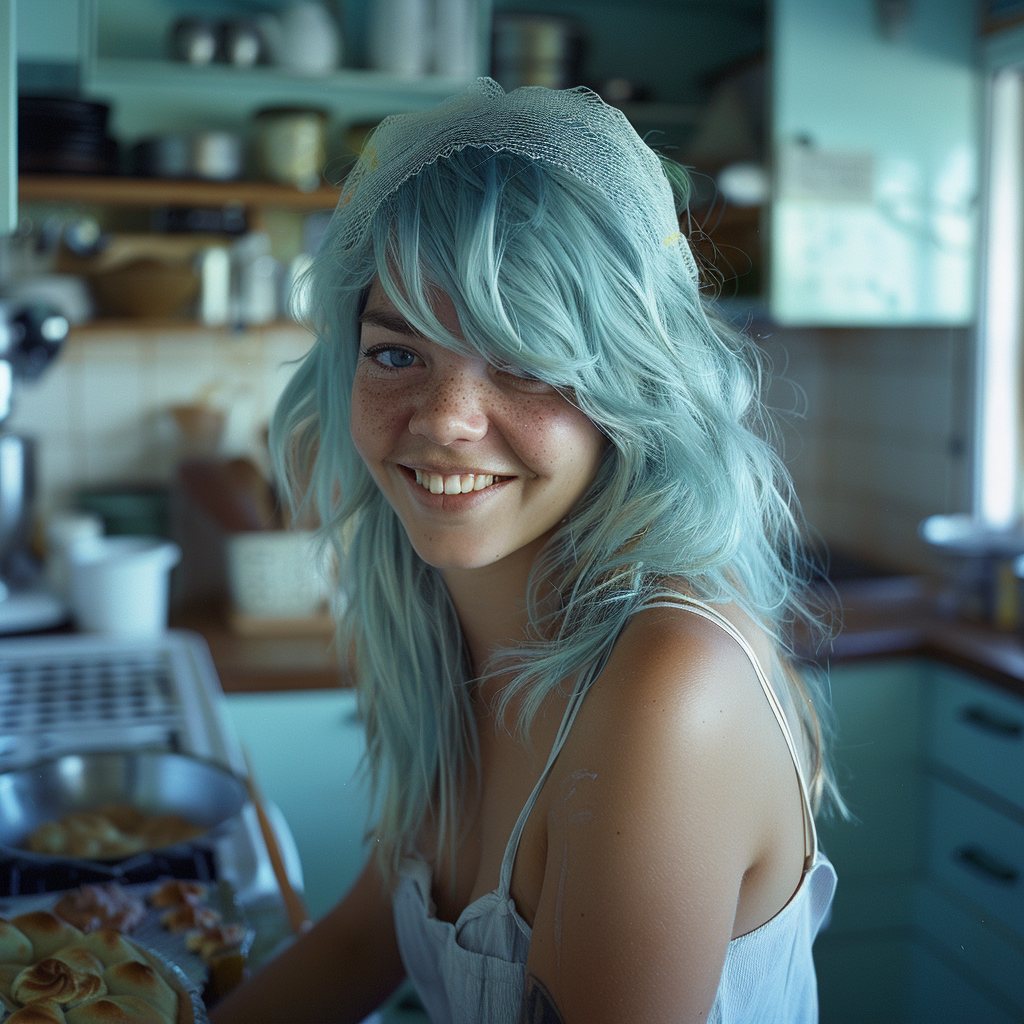 Une femme heureuse aux cheveux bleus dans une boulangerie | Source : Midjourney