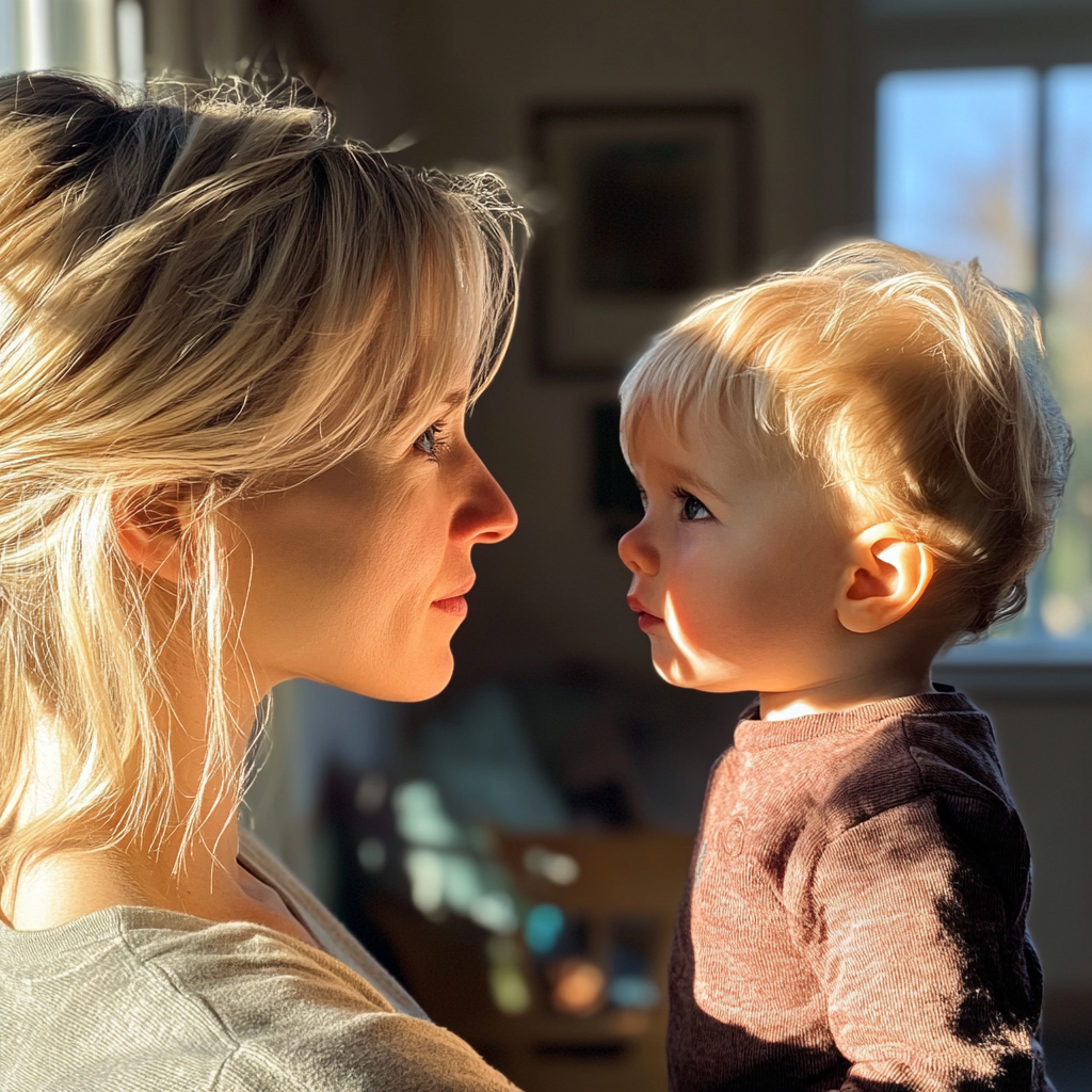 Femme regardant dans les yeux de son enfant | Source : Midjourney