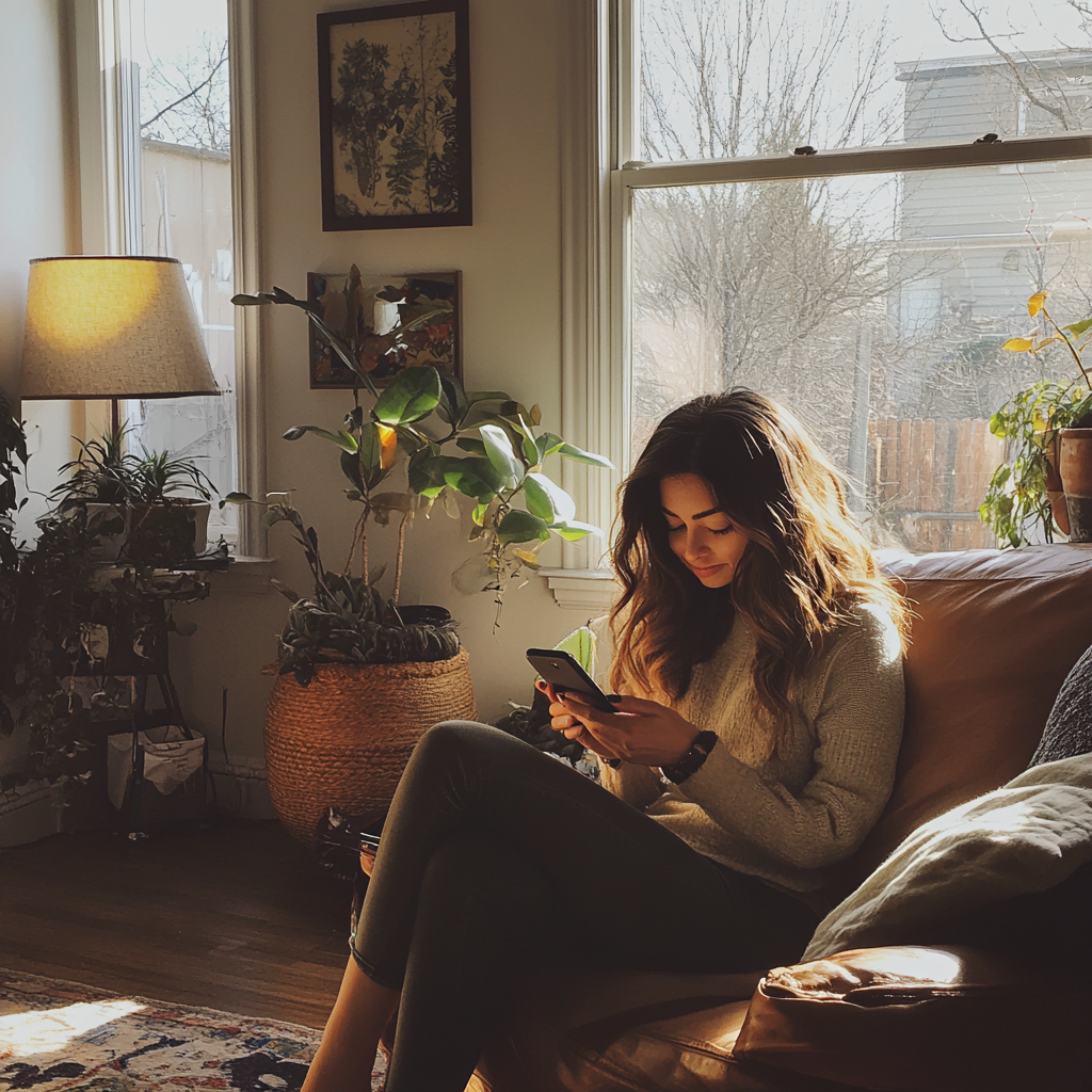 Une femme assise dans son salon | Source : Midjourney