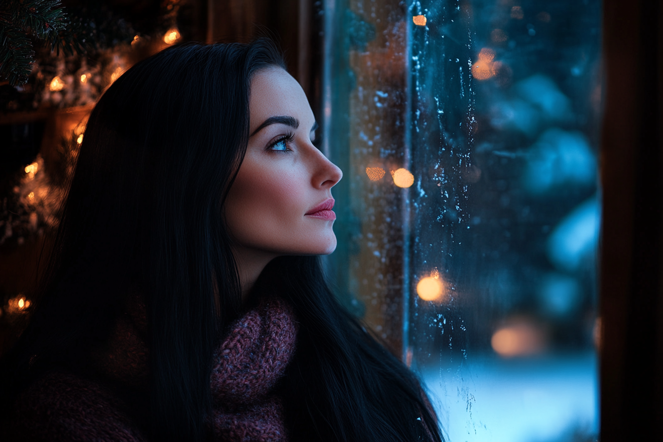 Une femme regarde par la fenêtre une cour enneigée | Source : Midjourney