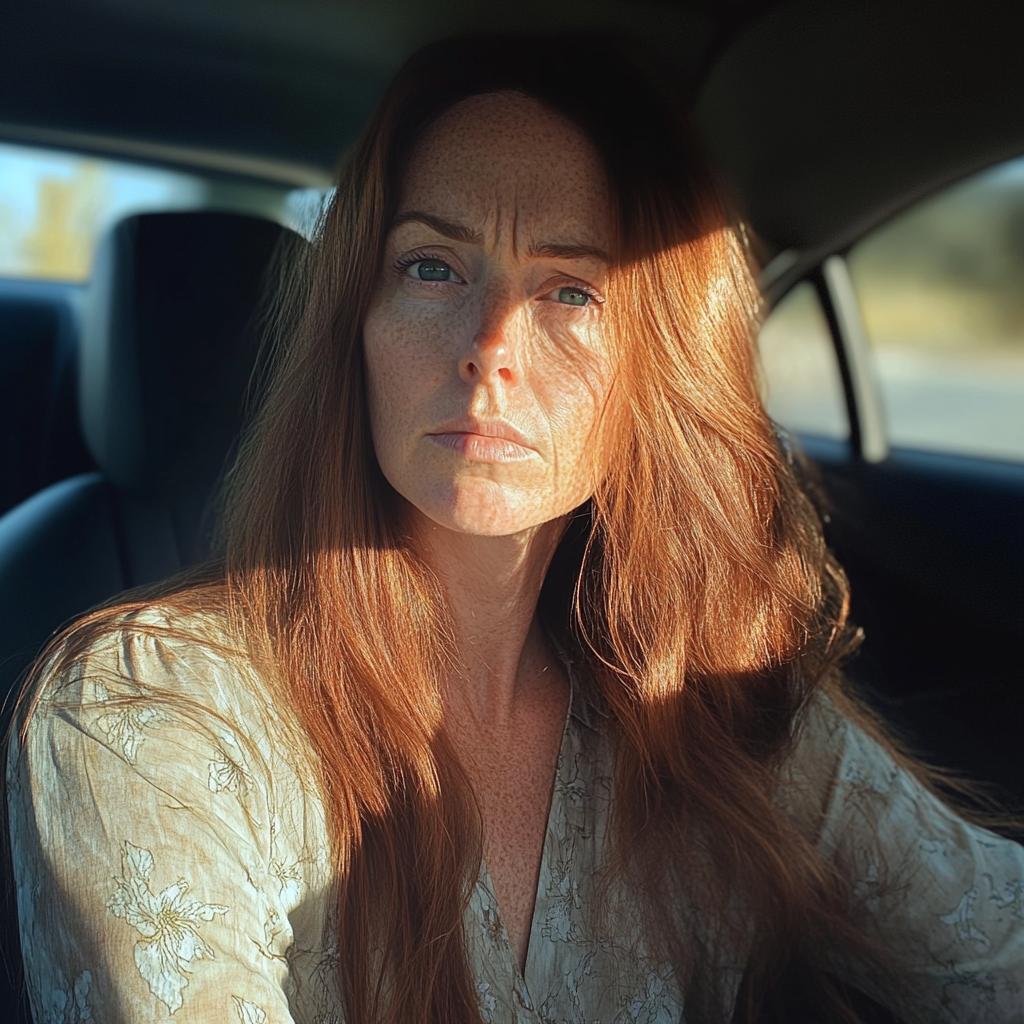 Une femme bouleversée assise dans une voiture | Source : Midjourney