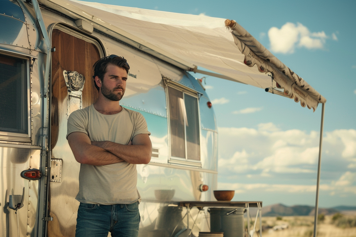 Un homme se tenant devant sa caravane nouvellement restaurée | Source : Midjourney