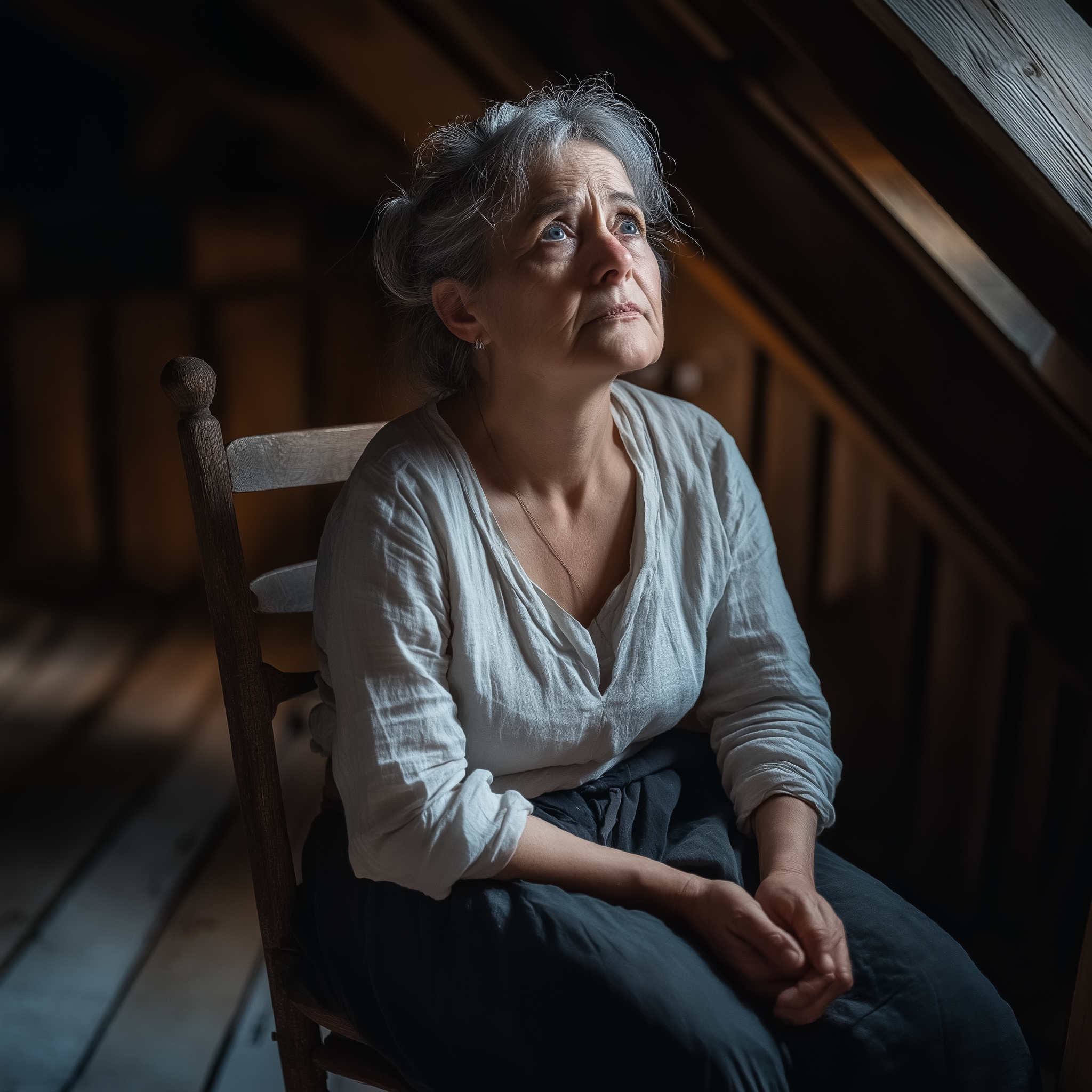 Une femme d'âge moyen assise dans un grenier | Source : Midjourney