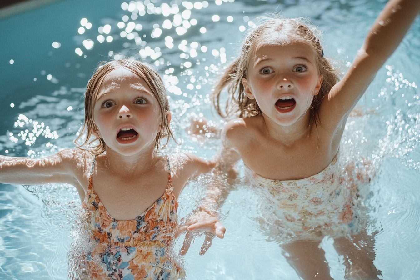 Des enfants aux expressions choquantes perdent l'équilibre et tombent dans une piscine, leurs bras s'agitant dans les airs. | Source : Midjourney