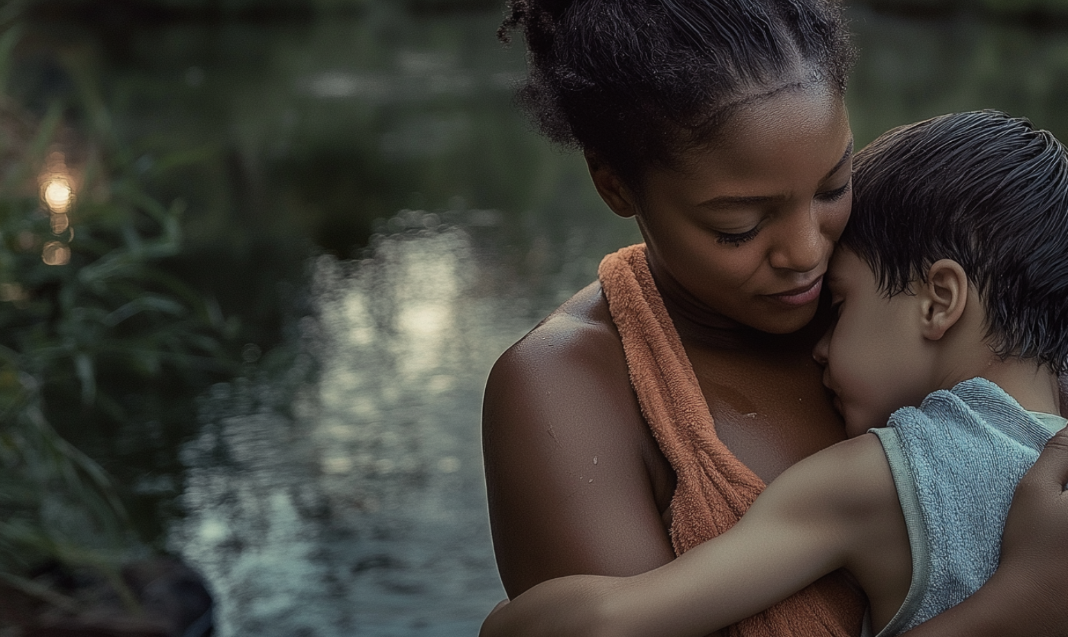 Une femme embrassant son enfant près d'un étang | Source : Midjourney