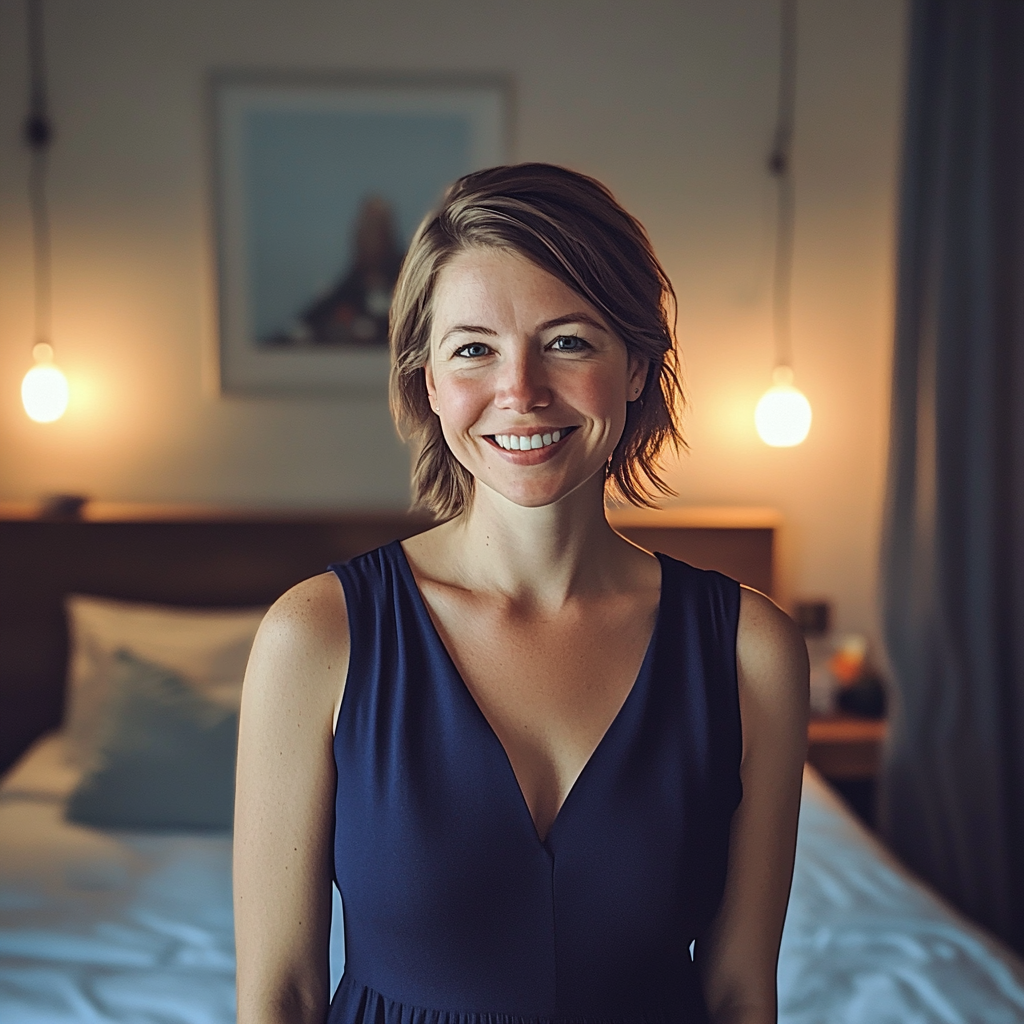 Une jeune femme souriante debout dans une chambre à coucher | Source : Midjourney