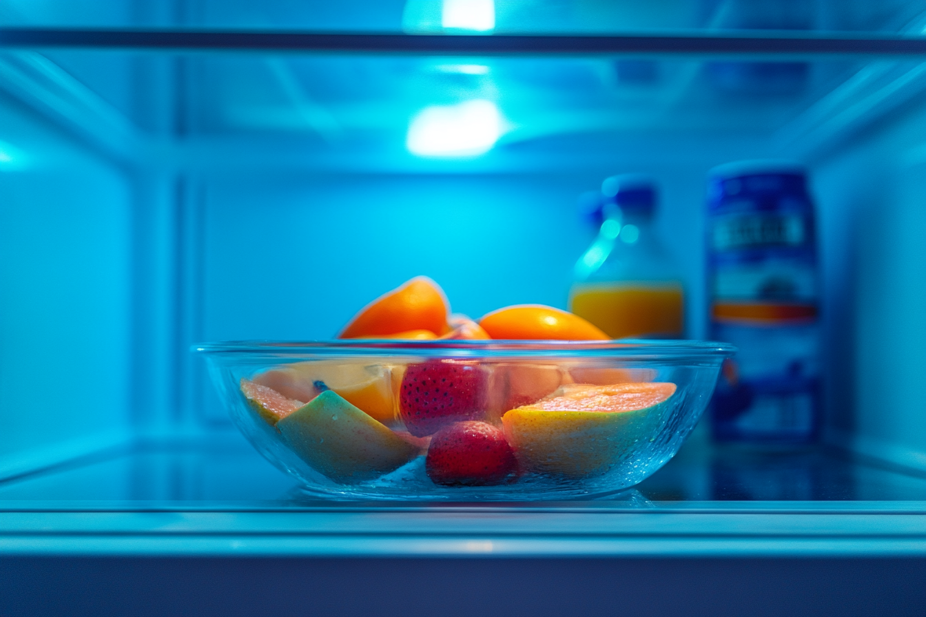 Des fruits coupés dans un bol dans un réfrigérateur | Source : Midjourney