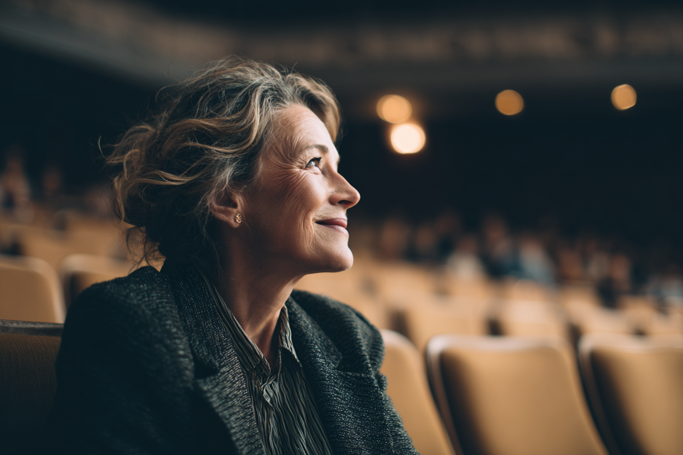 Une femme souriante assise dans un auditorium | Source : Midjourney