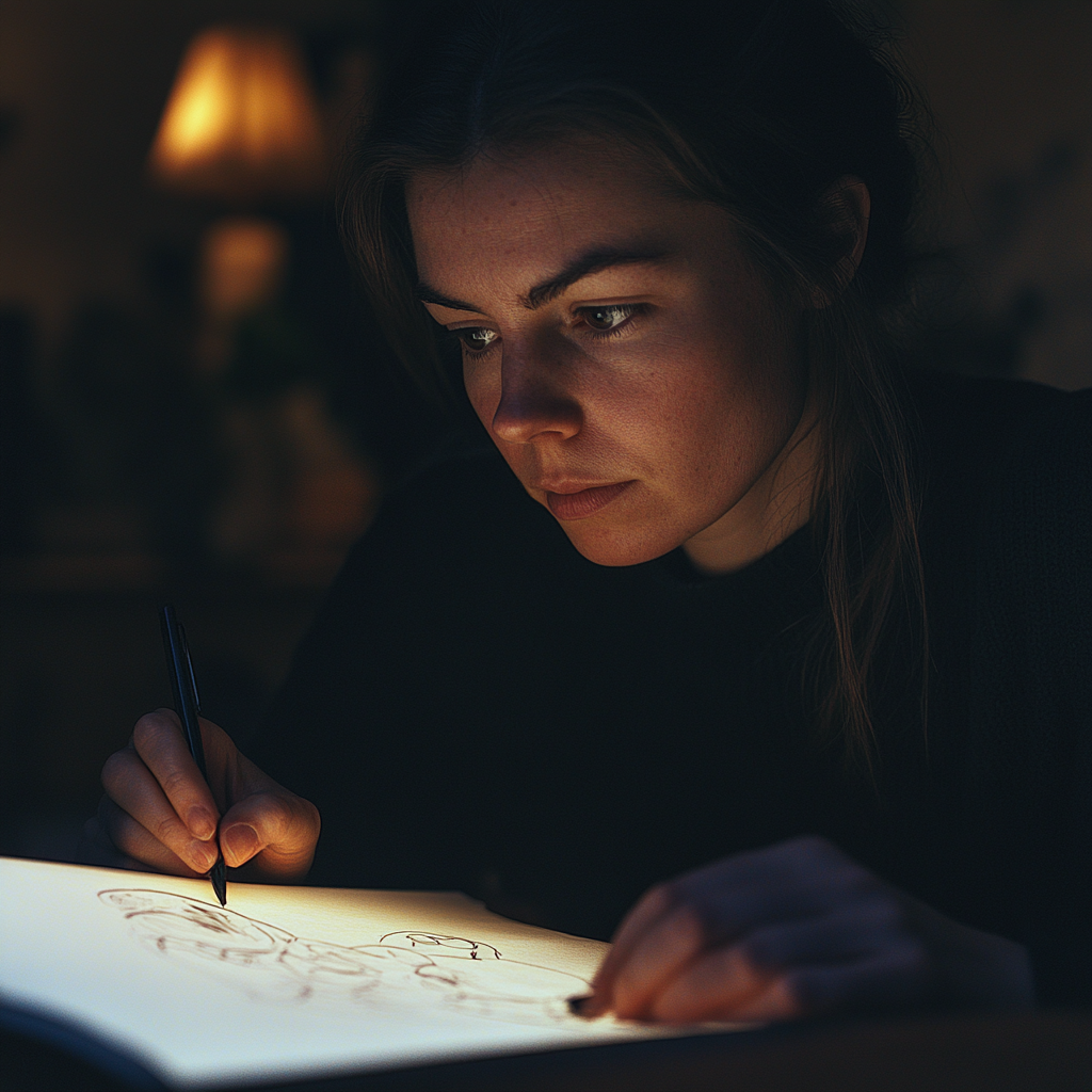 A woman looks at a drawing | Source: Midjourney