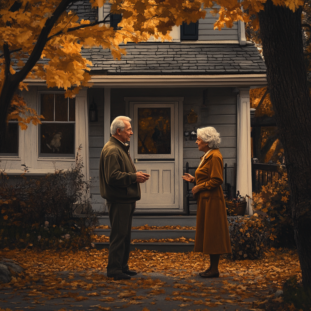 Un homme qui parle à sa femme devant la maison | Source : Midjourney