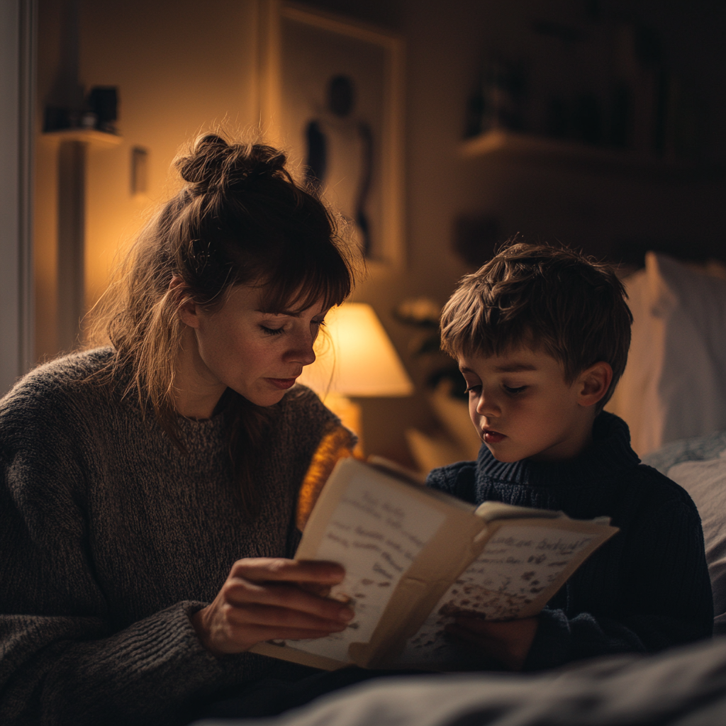 Une femme raconte des histoires à son fils à l'heure du coucher | Source : Midjourney