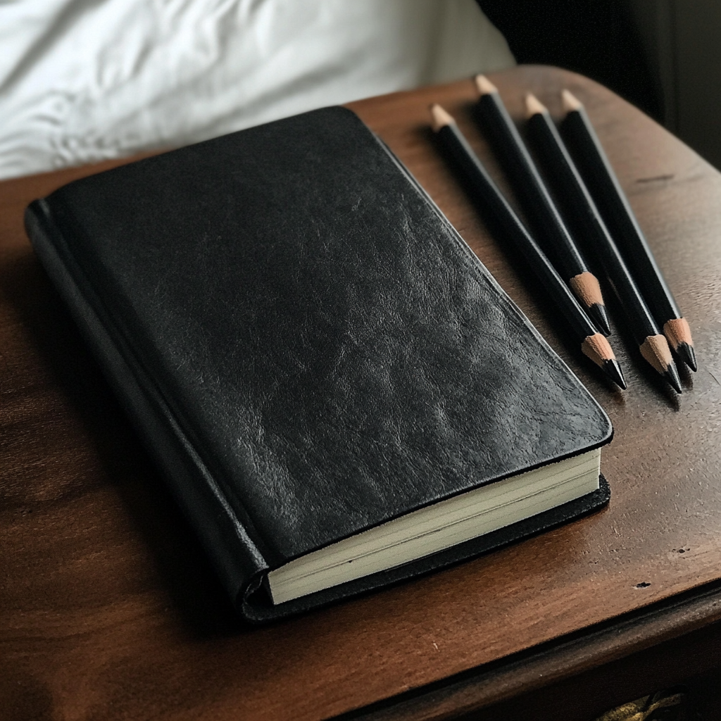 Un cahier noir sur une table de nuit | Source : Midjourney