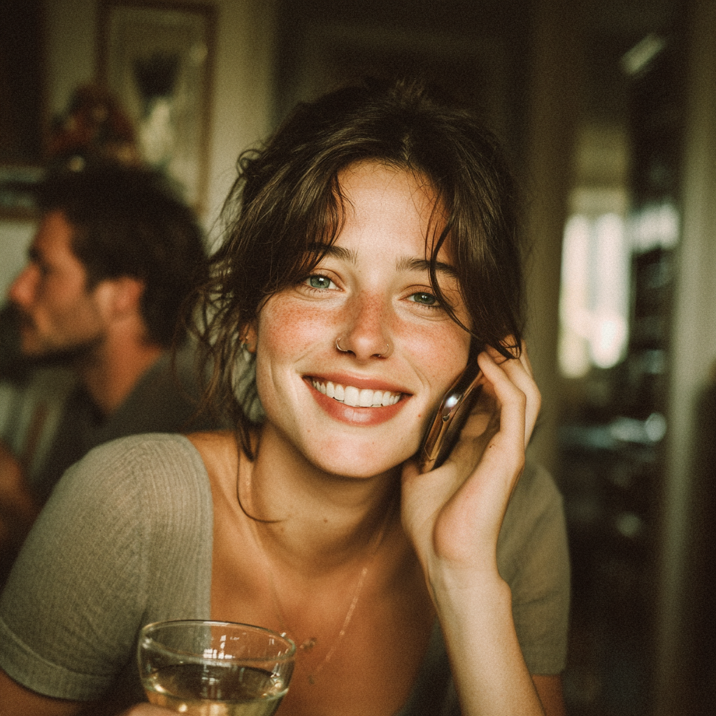 Une femme heureuse en train de téléphoner tout en tenant un verre | Source : Midjourney