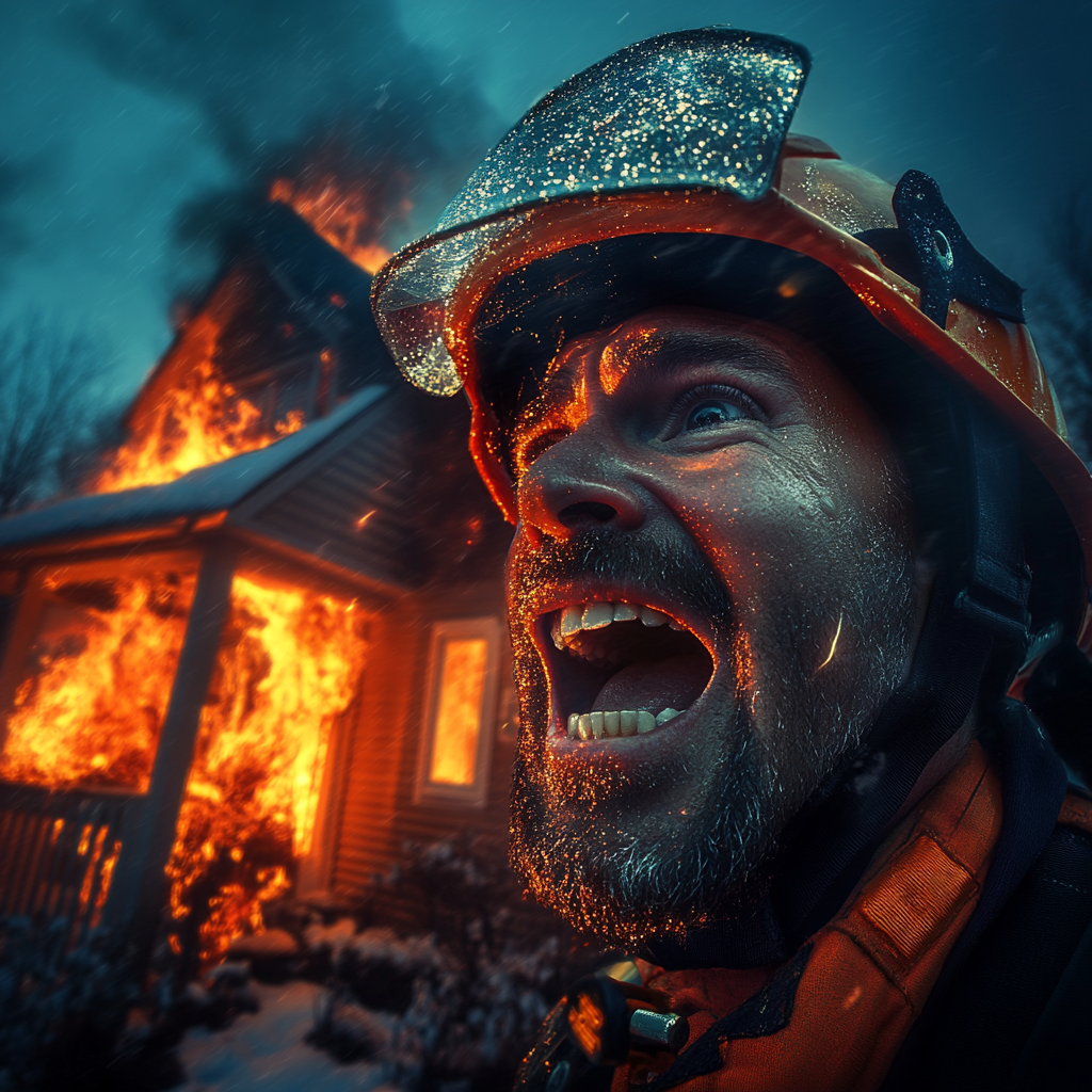 Un homme crie près d'une maison en feu | Source : Midjourney