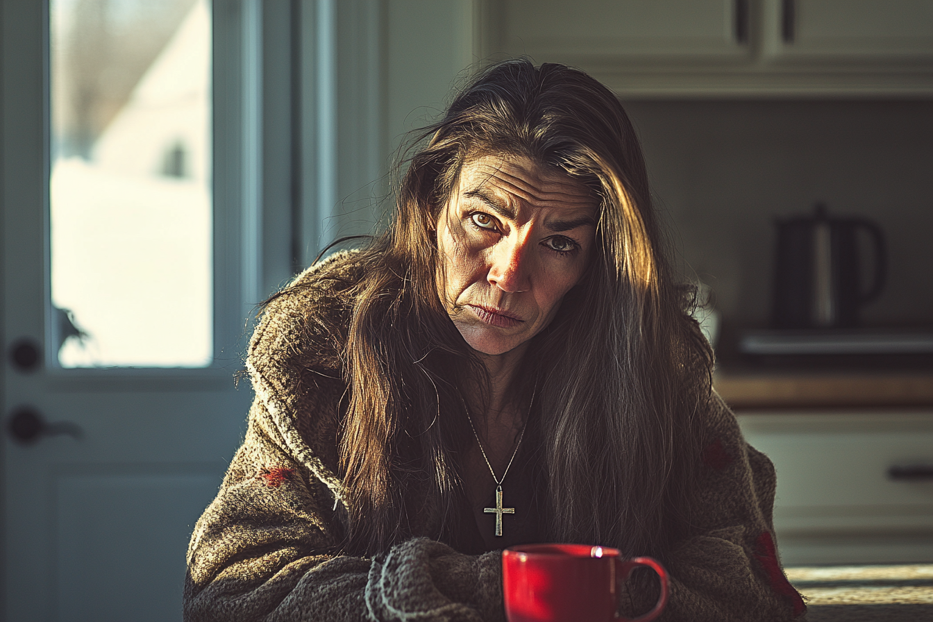 Une femme d'une soixantaine d'années assise tristement à une table de cuisine avec une tasse de thé | Source : Midjourney