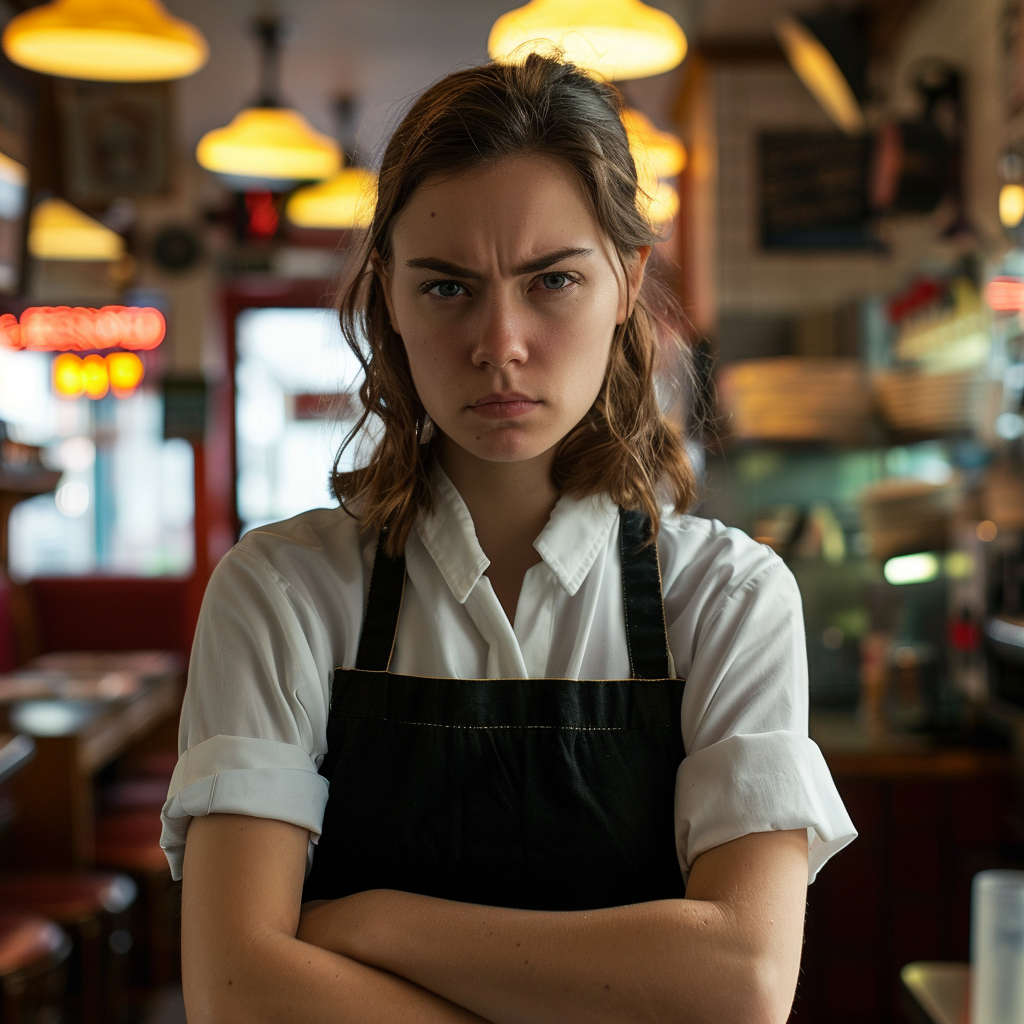 Une serveuse grincheuse aux bras croisés | Source : Midjourney