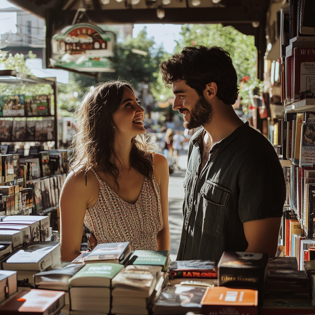 Couple heureux se regardant dans les yeux | Source : Midjourney