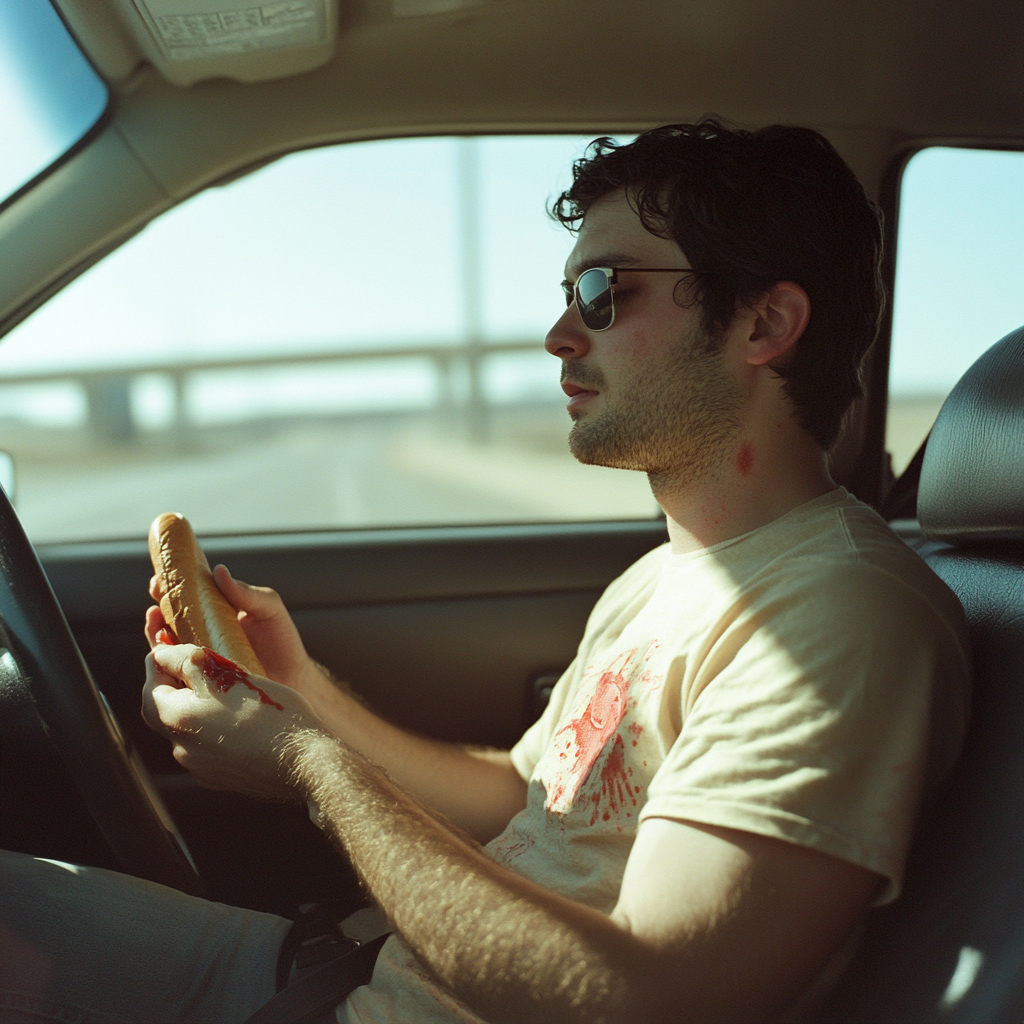 Un homme à la chemise tachée tenant un hotdog | Source : Midjourney