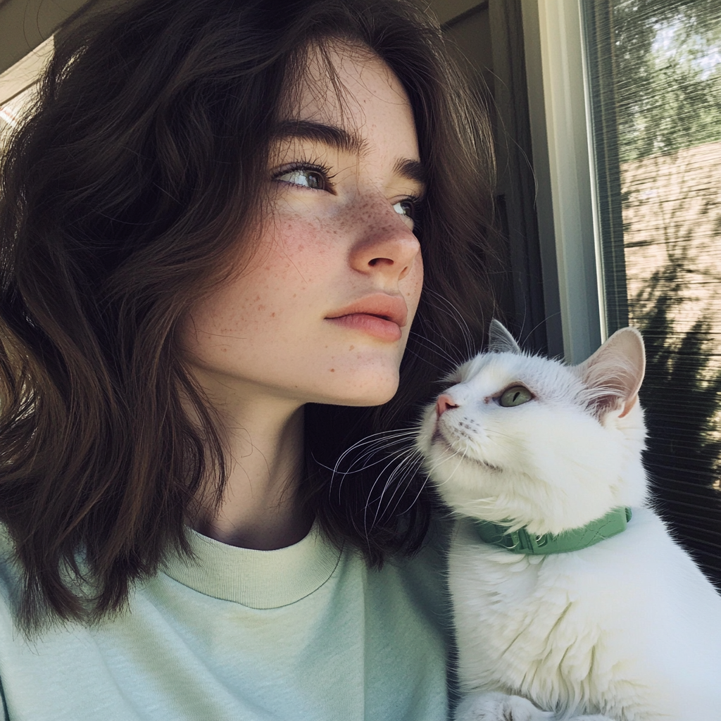 Une adolescente assise avec son chat | Source : Midjourney