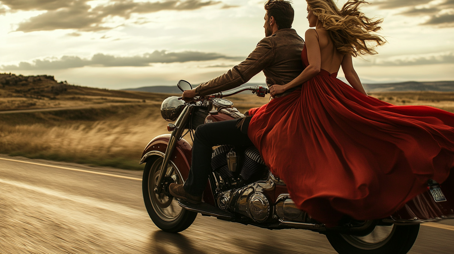 Femme en robe rouge assise sur la banquette arrière de la moto | Source : Midjourney