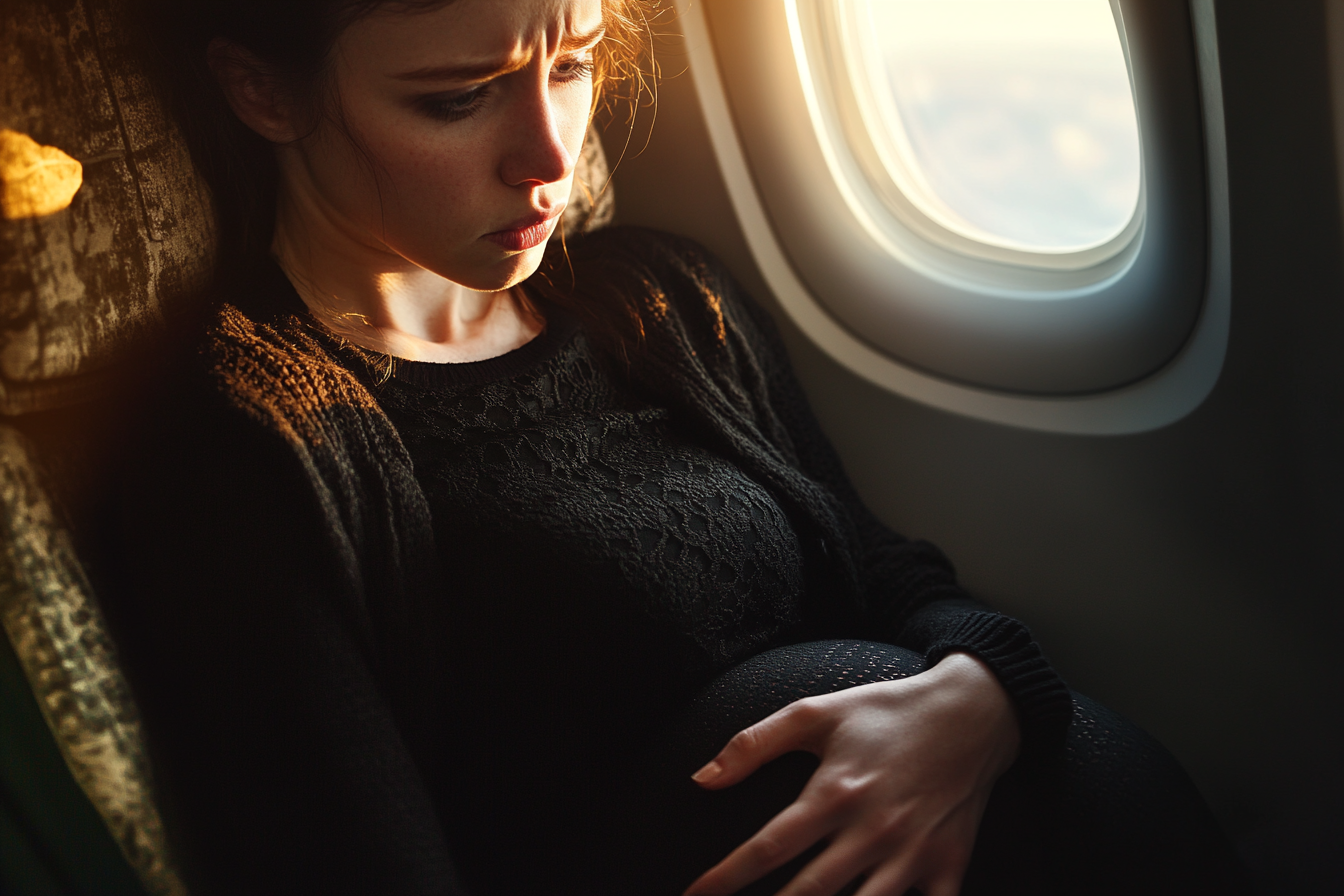 Une femme enceinte triste assise dans un avion | Source : Midjourney