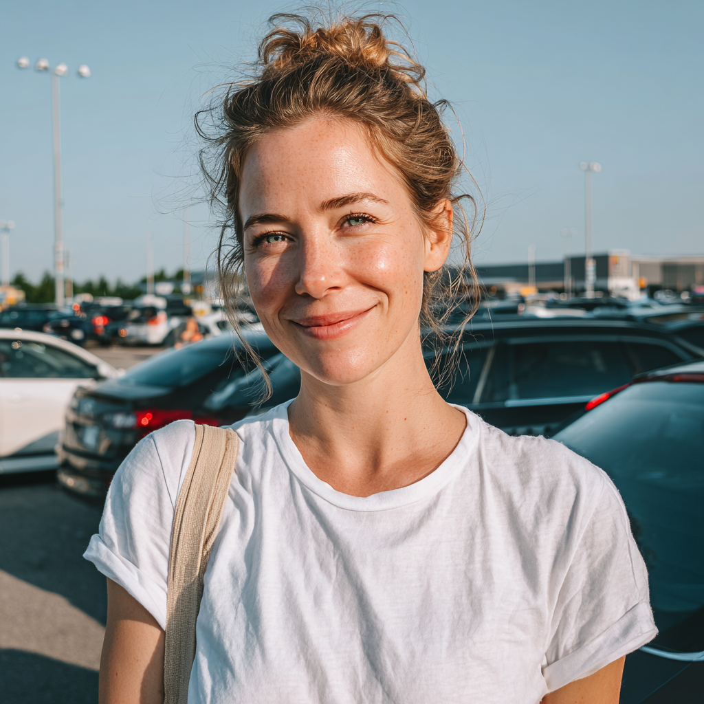 Une femme souriante debout dans un parking | Source : Midjourney