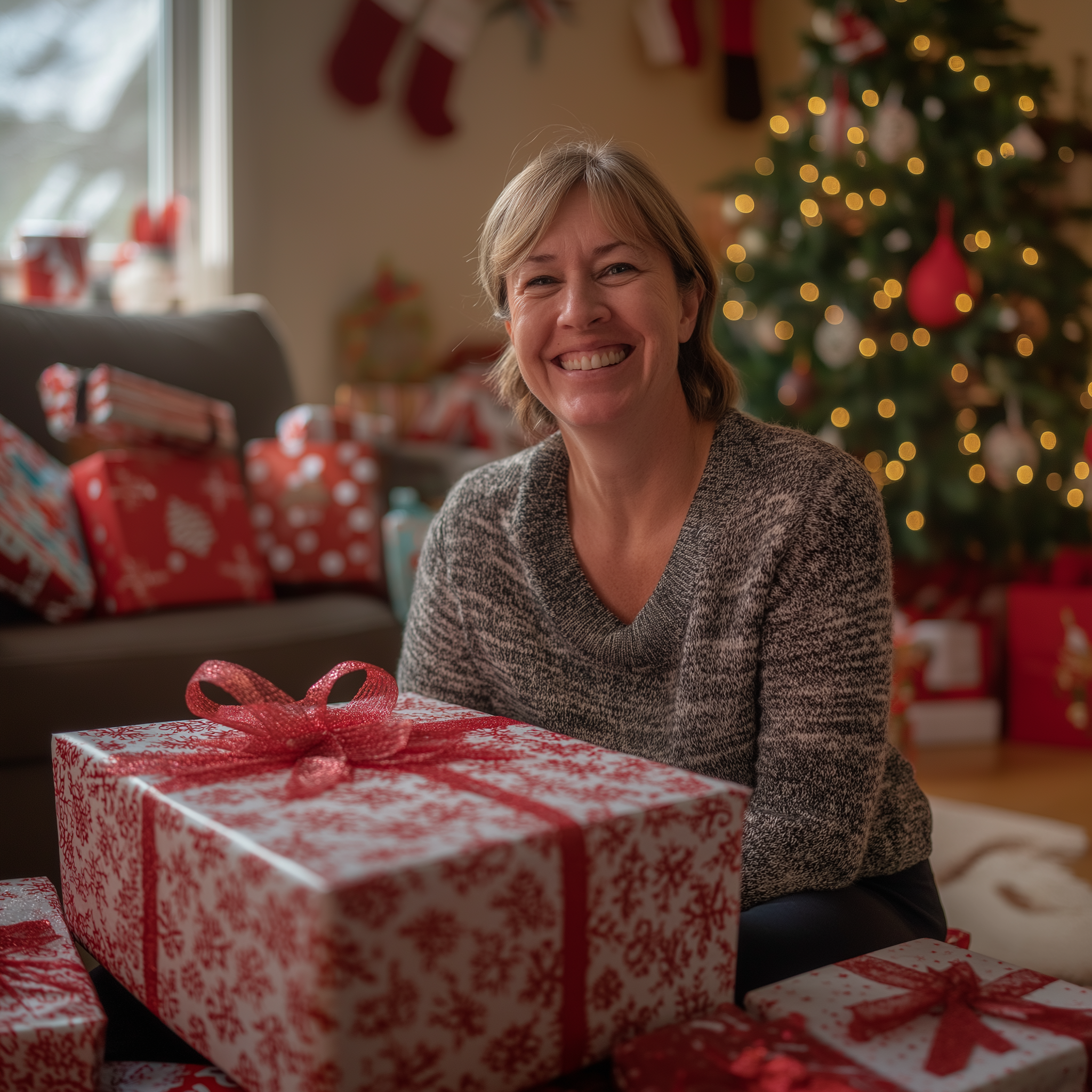 Une femme est heureuse et émotive alors qu'elle est entourée de cadeaux de Noël | Source : Midjourney