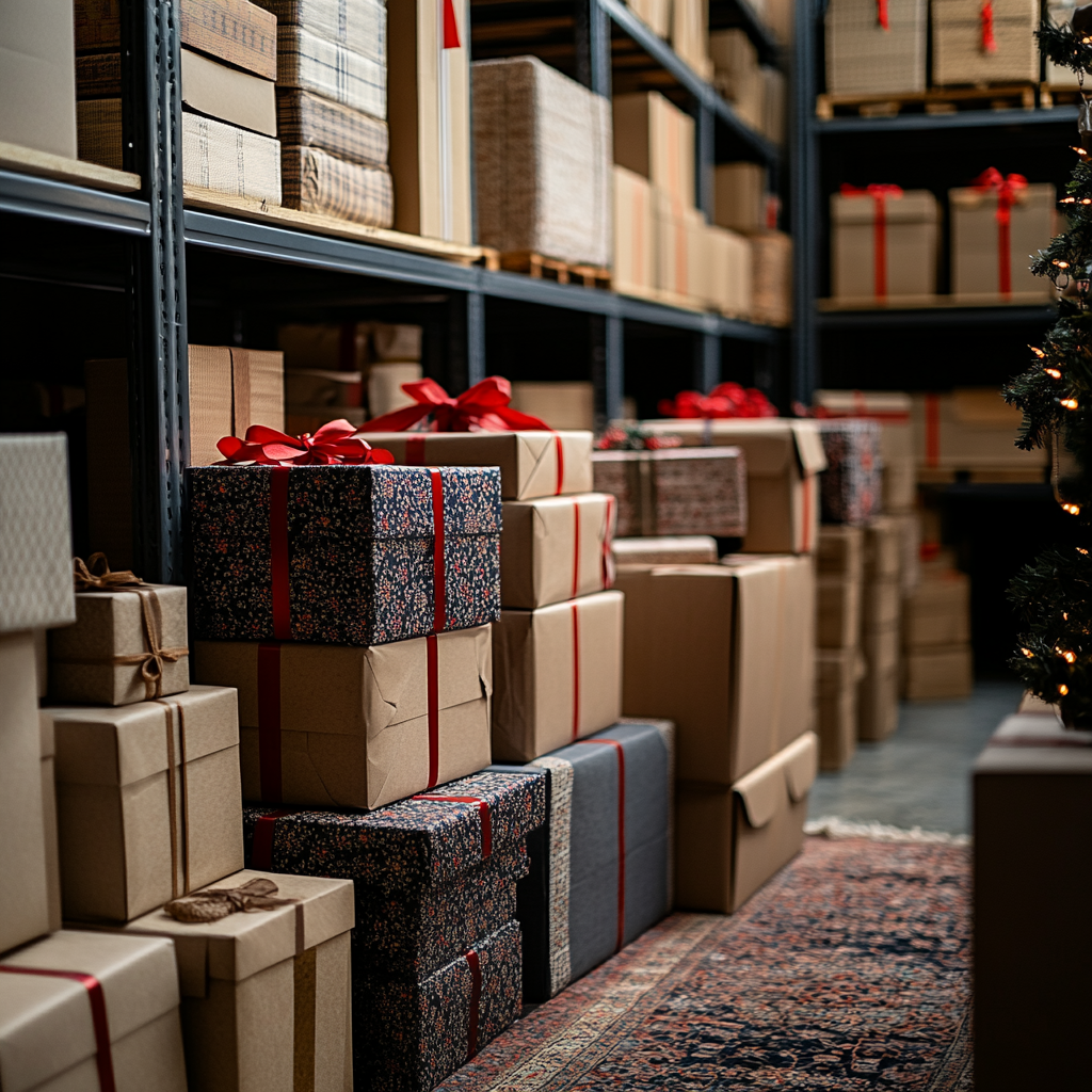 Une unité de stockage contenant des boîtes à cadeaux | Source : Midjourney