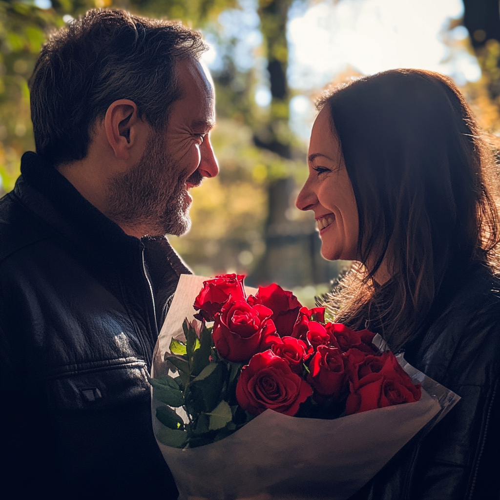 Un couple avec un bouquet de roses | Source : Midjourney