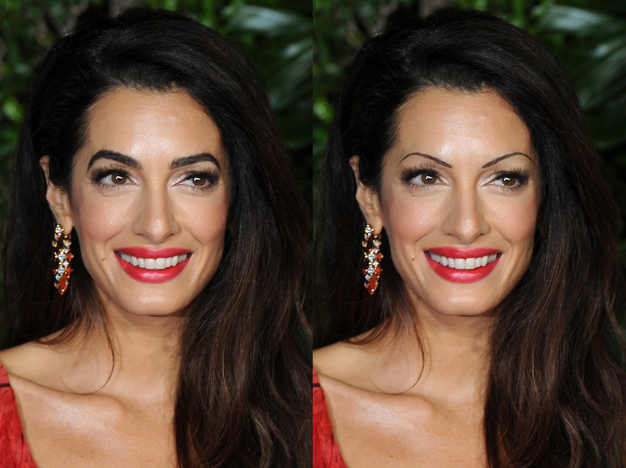 Les sourcils caractéristiques d'Amal Clooney de 2022 contre un look de sourcils fins édité numériquement | Source : Getty Images