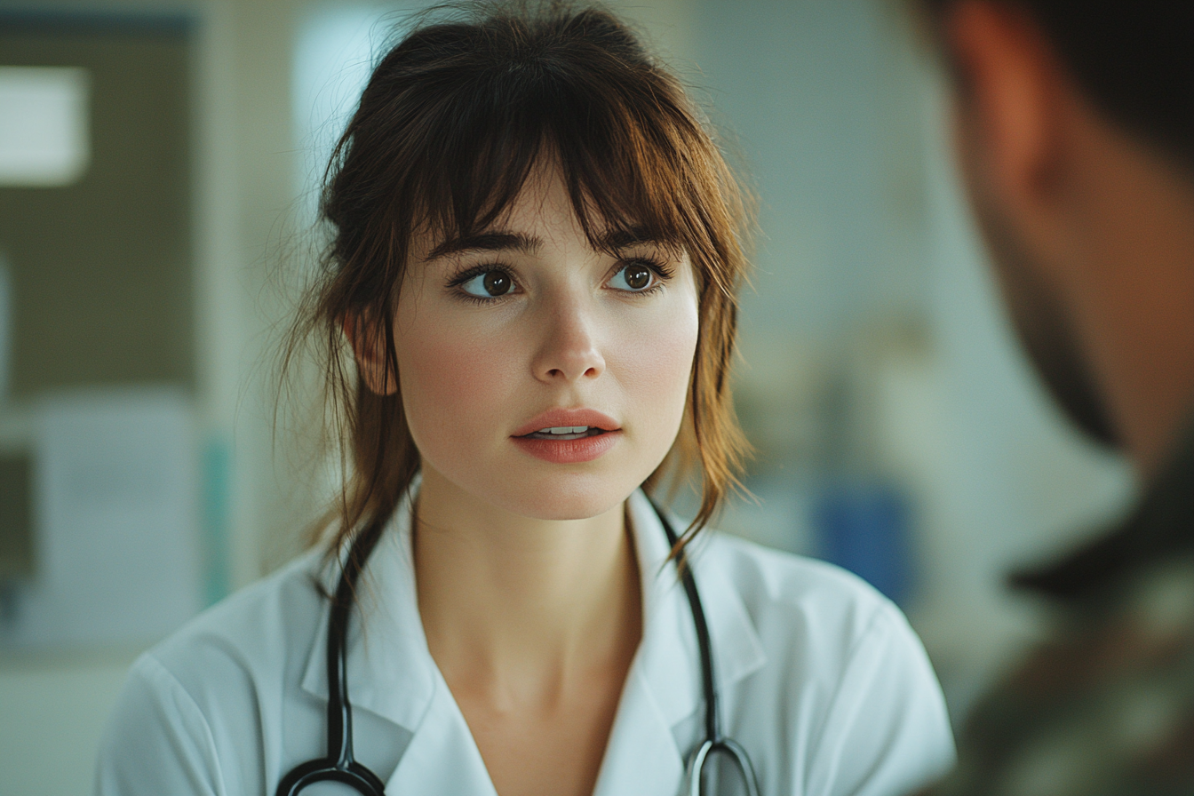 Une femme médecin inquiète parle à un officier militaire | Source : Midjourney