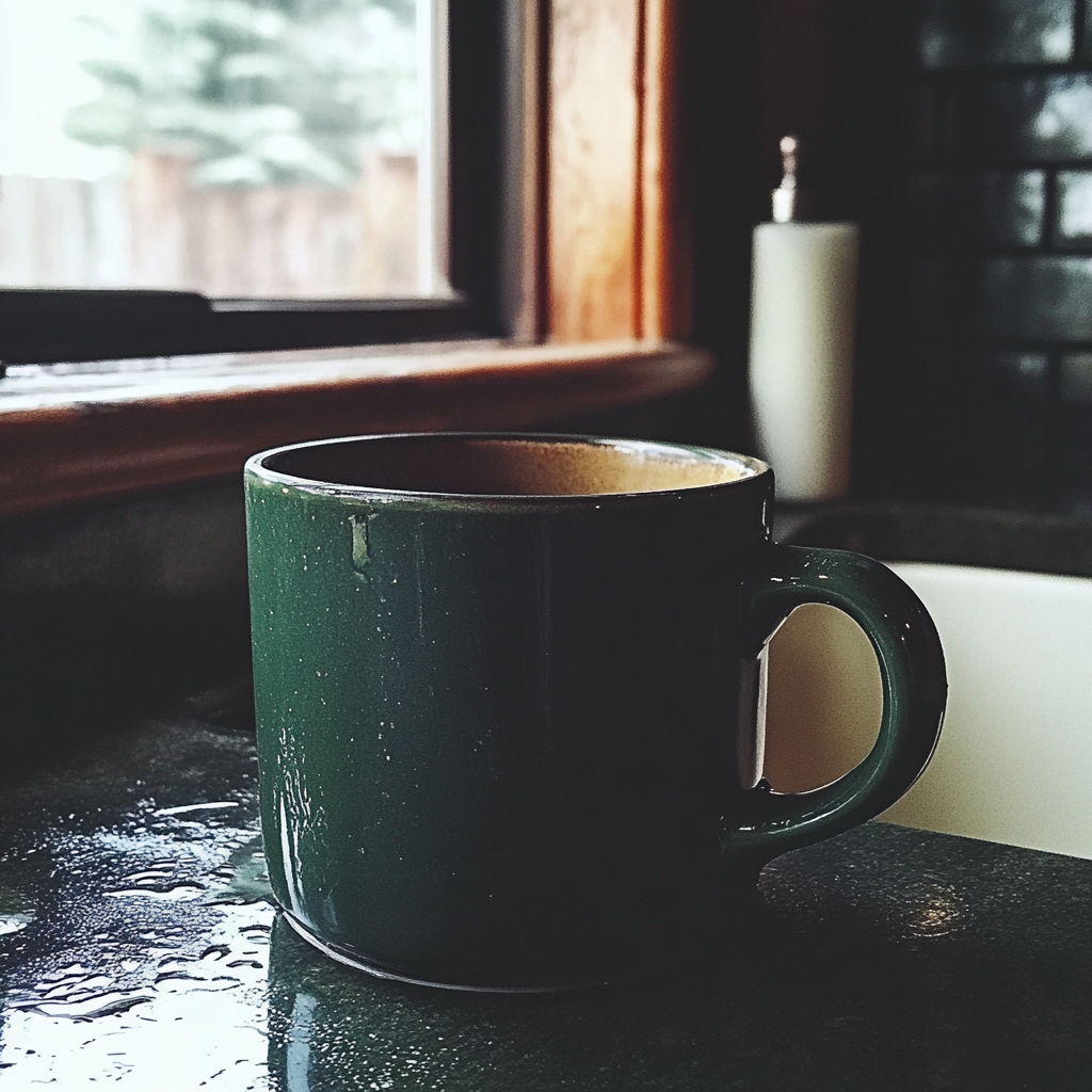 Une tasse verte sur un comptoir de cuisine | Source : Midjourney