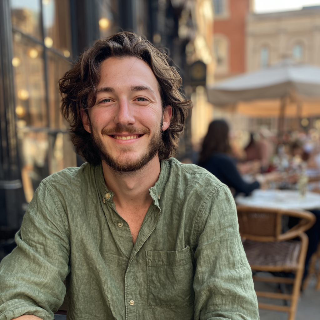 Un homme souriant assis dans un café | Source : Midjourney