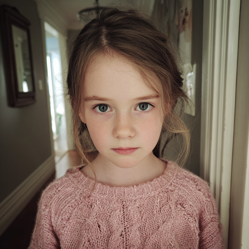 Gros plan sur une petite fille avec un pull rose | Source : Midjourney