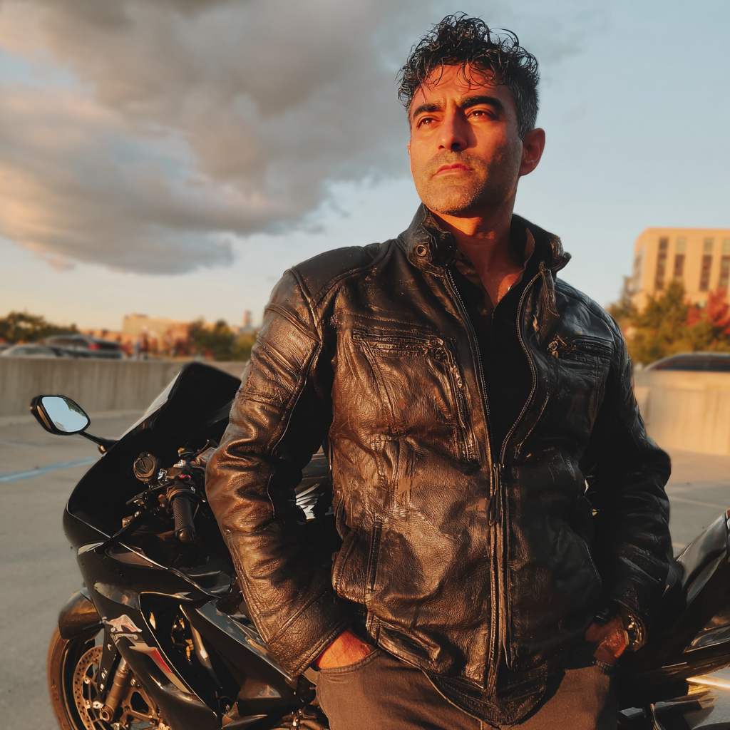 Un homme debout à côté d'une moto | Source : Midjourney