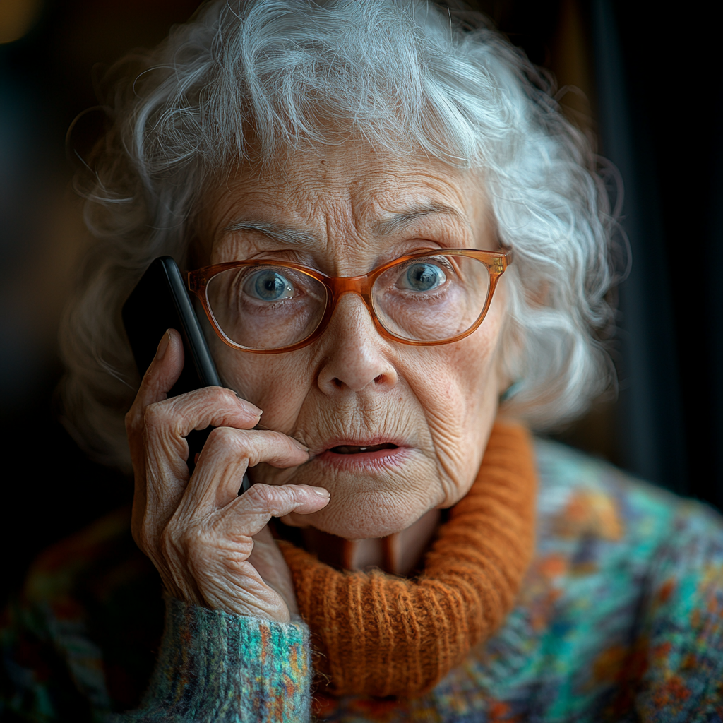 Une femme âgée effrayée qui parle au téléphone | Source : Midjourney