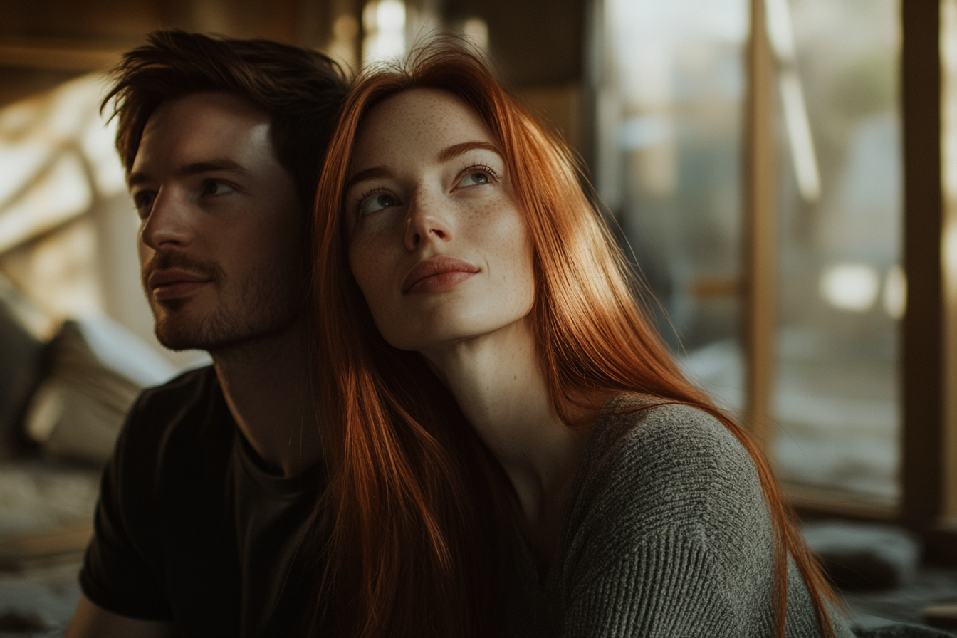 Un couple assis sur le sol d'un salon encore en construction, souriant avec nostalgie | Source : Midjourney