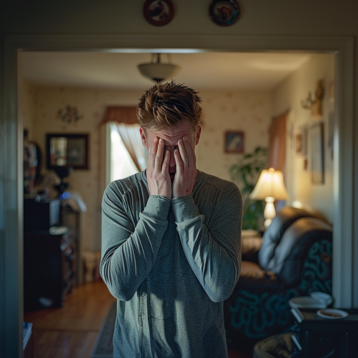 Un homme qui pleure en se couvrant le visage avec ses mains | Source : Midjourney