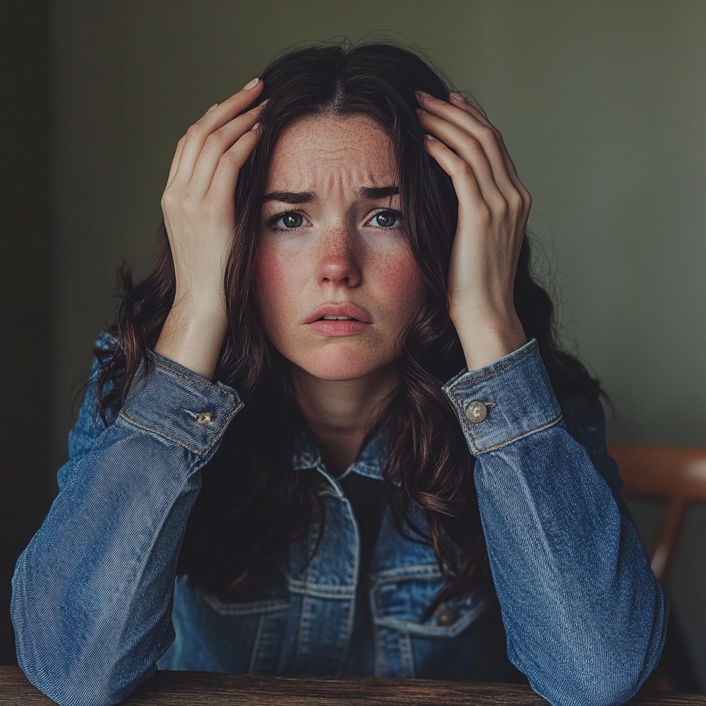 Une femme assise à une table et se tenant la tête | Source : Midjourney