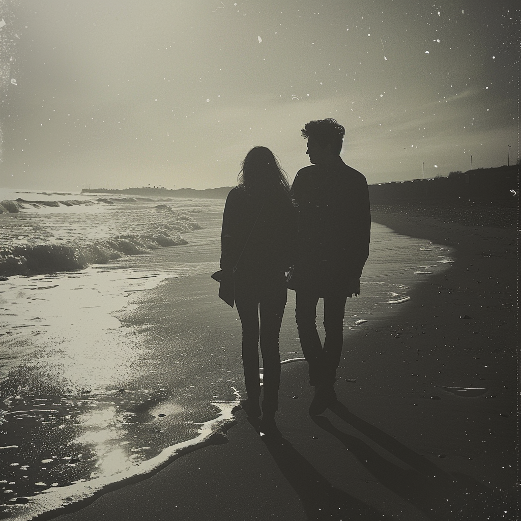 Un couple se promenant le long de la plage | Source : Midjourney