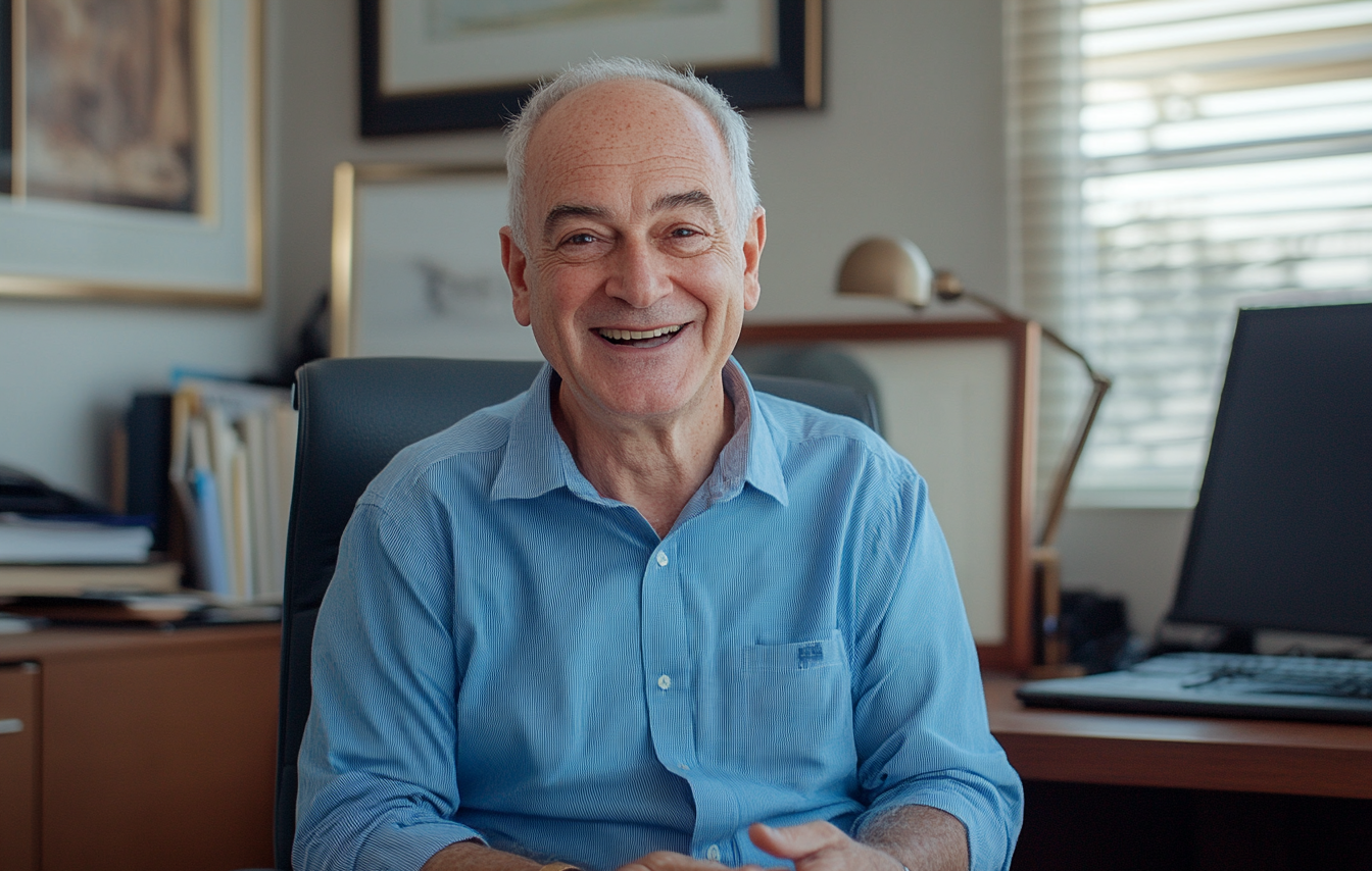 Homme d'une soixantaine d'années assis dans un bureau et souriant | Source : Midjourney