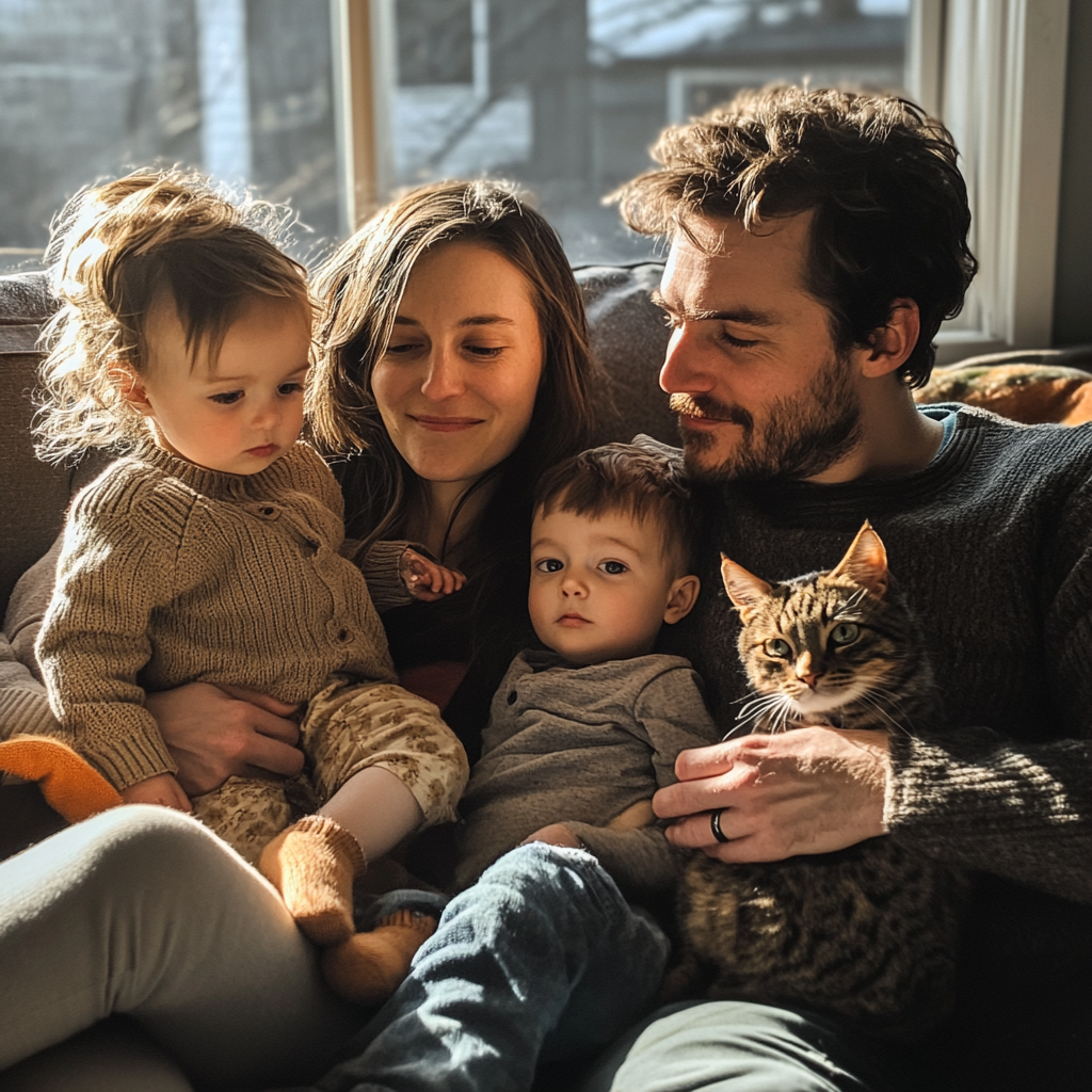 Un couple avec ses enfants et un chat | Source : Midjourney