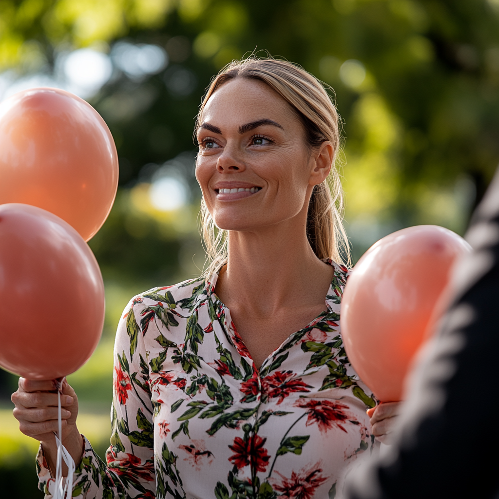 Une femme tenant des ballons sourit en regardant quelqu'un | Source : Midjourney