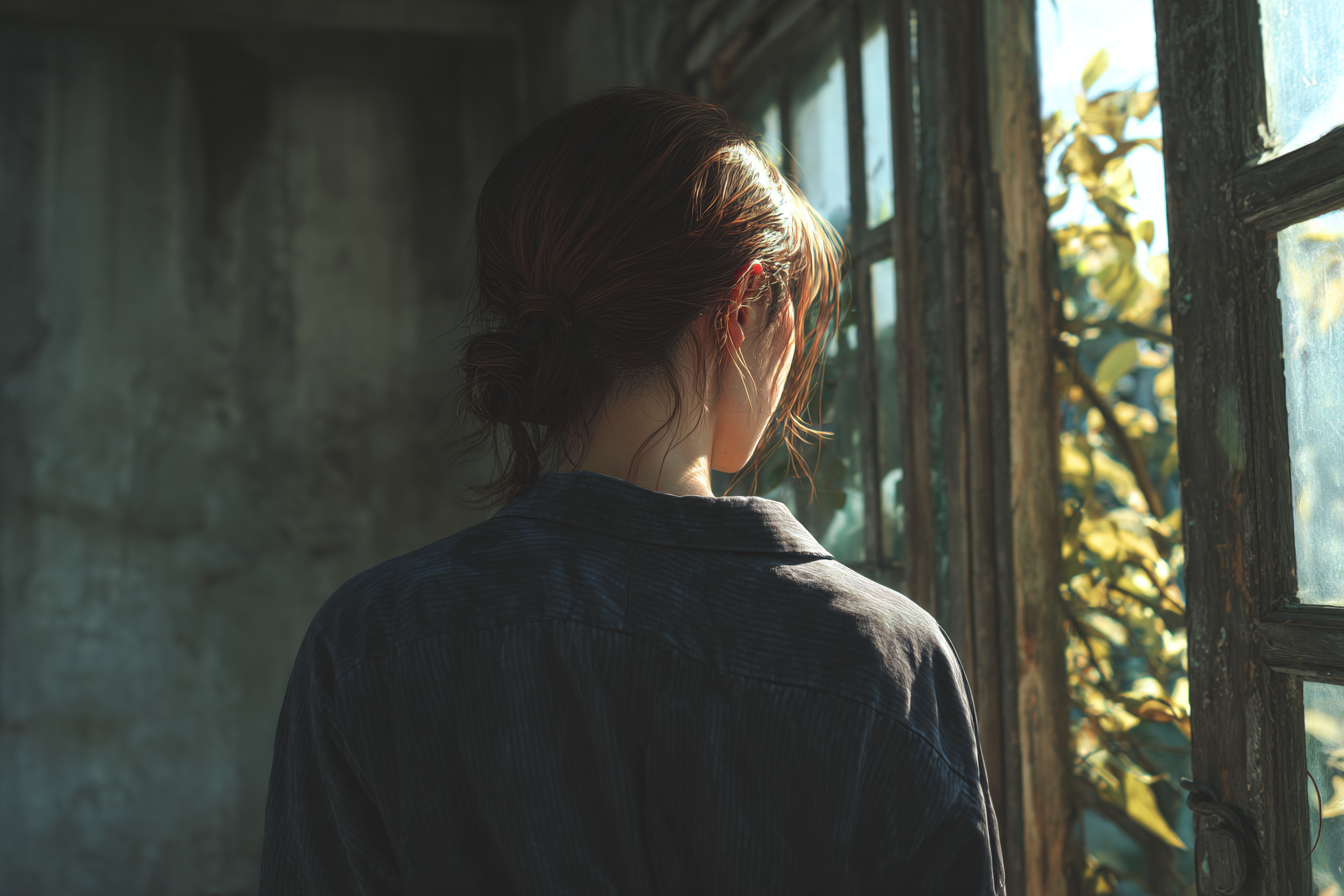 Une fille debout près d’une fenêtre | Source : Midjourney